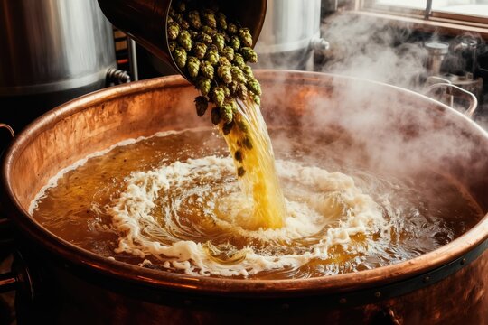 Fresh hops pour into boiling wort in copper kettle. Steam rises from bubbling liquid during beer making process in brewery. Craft production of alcoholic drink.