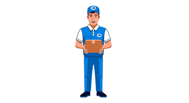 Delivery Man Character Wearing Blue Uniform Holding A Cardboard Box.