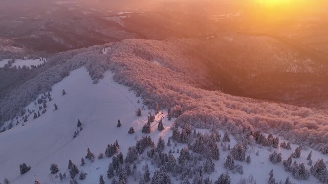 Aerial orbital drone shot of mountain pasture and snowy forest with diffused central sun glare