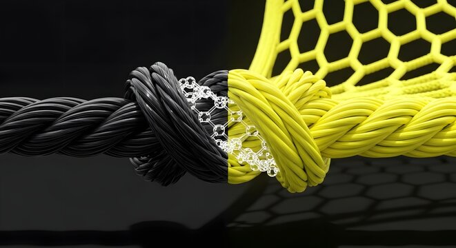 Detailed macro view of a black rope knotted to a bright yellow hexagonal mesh on a dark backgrounds.