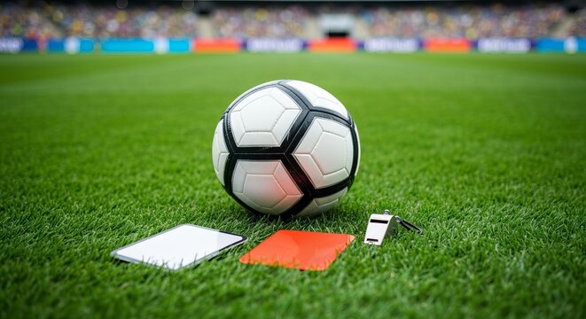 Soccer Ball Featuring A Referee Whistle With Yellow And Red Penalty Cards Placed On Stadium Grass