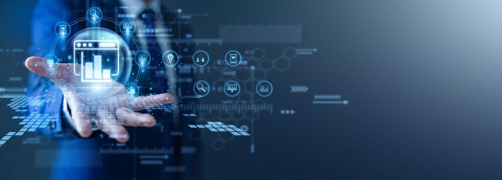 Digital analyst tracks traffic. Specialist with a glow the hand Web Analytics network chart. Data-driven insights optimize online marketing strategies and improve website visitor conversion.