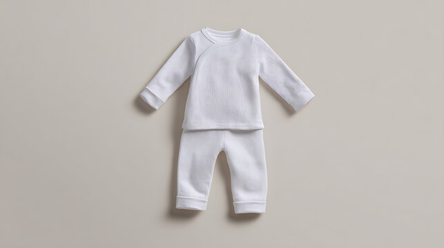 Minimalist white ribbed cotton two-piece thermal pajama set for baby, comfortable and plain apparel for infants, cozy child clothing for sleep or lounge