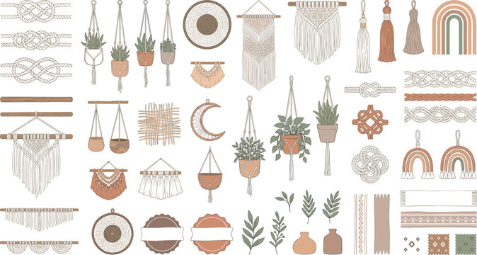 Boho Macrame Decor Vector Collection Featuring Handmade Wall Hangings, Woven Rope Knots And Neutral Botanical Elements.