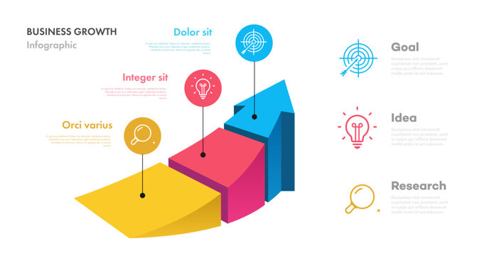 Business infographic 3d isometric growth arrow 3 level for start up project, banner, presentation, theory basic operation, business strategy, logic analysis vector