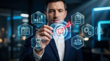 Obraz premium Digital Strategy Execution: A focused businessman navigates a holographic interface, symbolizing strategic planning and target achievement through innovative technology.