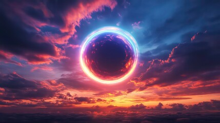 A glowing ring of blue and red light surrounds a dark orb in a dramatic sunset sky.