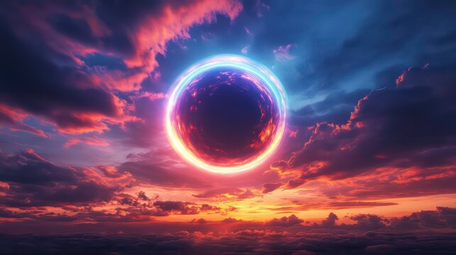 A glowing ring of blue and red light surrounds a dark orb in a dramatic sunset sky.