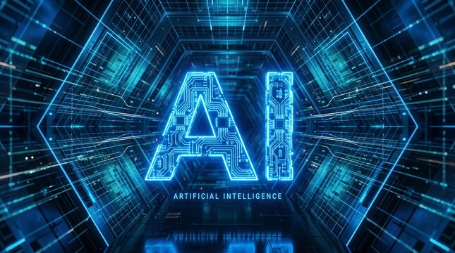 Futuristic AI Circuit Network with Glowing Blue Digital Design in Abstract Technology Setting