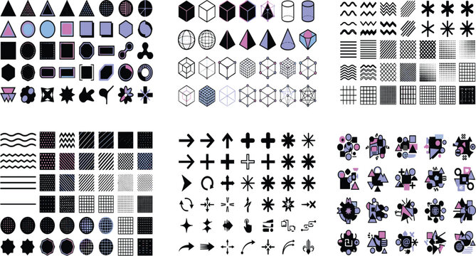 Comprehensive collection of modern graphic design elements featuring geometric shapes, 3D isometric wireframes, abstract icons, halftone patterns and textures in blue purple and black.