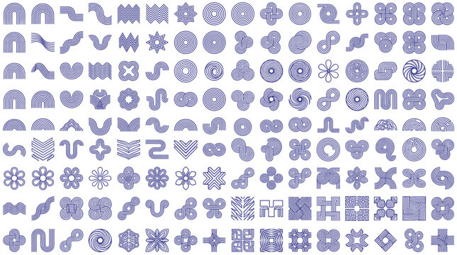 Massive collection of blue linear geometric symbols and abstract shapes featuring parallel lines spirals waves retro patterns for modern branding logo design and professional graphics.