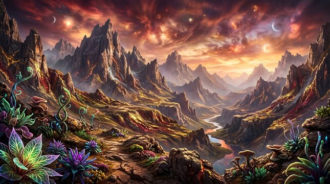 A vast alien landscape featuring towering rugged mountains