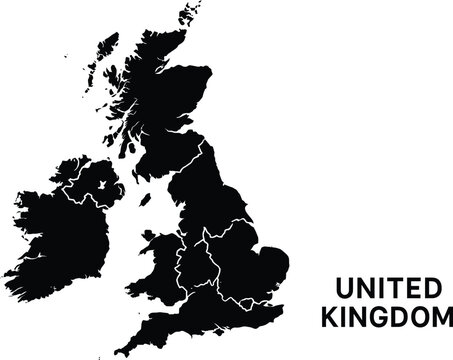 Black silhouette map of the united kingdom with regional borders as PNG element