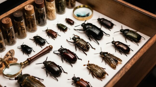 Insect collection display with jars for specimens and tools for examination. Entomologists study biodiversity and natural science. Research and education showcase many species.