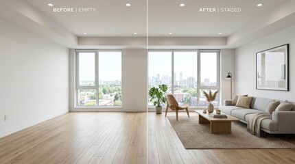 Fototapeta premium Modern empty apartment living room with natural light and city view staged for sale or rent