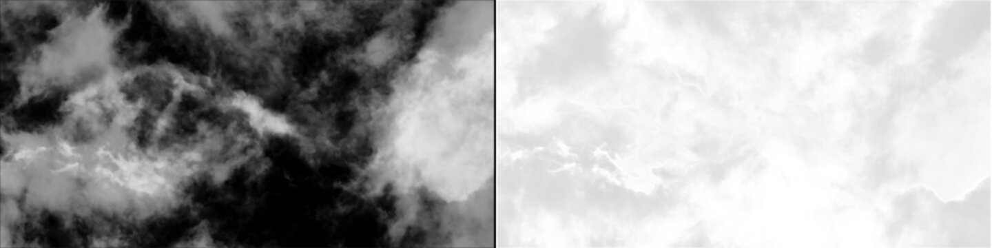Smoke cloud on transparent background, white and black smoke cloud, isolated on black background, fog effect.