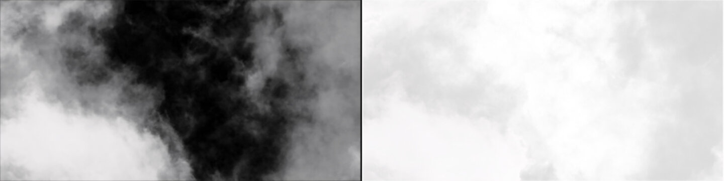 Smoke cloud on transparent background, white and black smoke cloud, isolated on black background, fog effect.