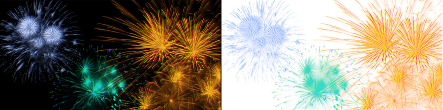 Multi colored festive fireworks display isolated on transparent background for celebration party overlay graphic.