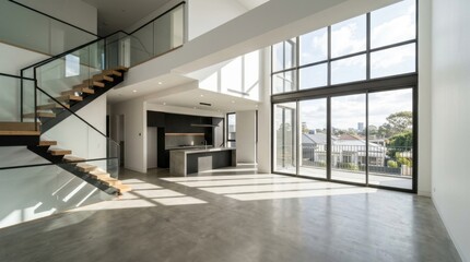 Fototapeta premium Modern Minimalist Empty Townhouse Interior with Large Windows and Natural Light