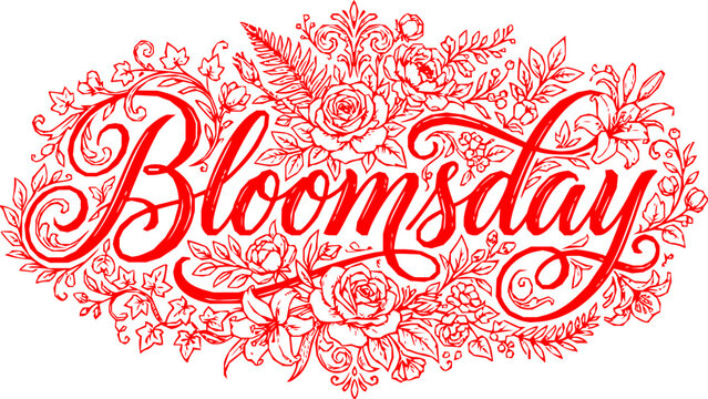 Bloomsday Elegant Red Cursive Calligraphy Surrounded by Decorative Roses, Peonies, and Botanical Floral Elements, Perfect for Spring Greeting Cards and Festive Designs