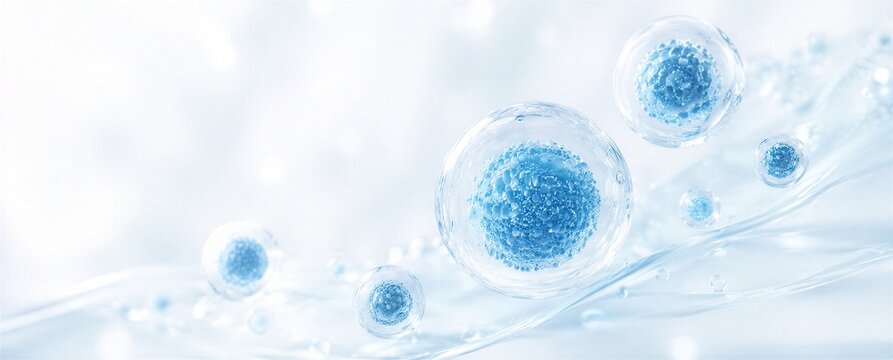 Elegant blue exosome spheres floating in a clean liquid flow, representing cellular communication, regenerative medicine and premium skincare innovation.