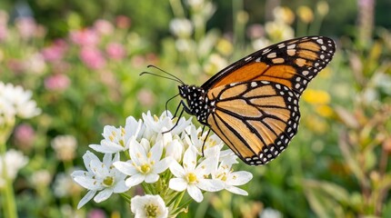 Fototapeta premium Monarch butterfly resting on a cluster of delicate white flowers in a sunlit garden with a soft green and pink floral background