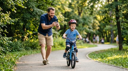 Obraz premium Father films son learning to ride a bicycle in a sunny park with trees and other people in the background