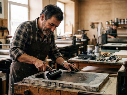 Printmaker preparing stone surface in lithography workshop
