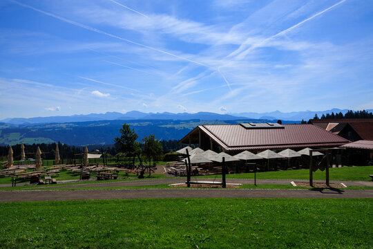 Allg&auml;u Alps mountain panorama seen from Waldwelt Skywalk Allg&auml;u in Scheidegg, Bavaria, Germany
