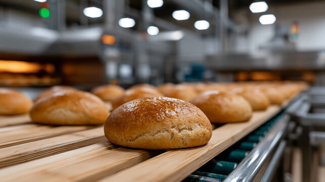 Industrial bakery production line with commercial baking equipment, food manufacturing automation and kitchen bakery supply concept, with copy space