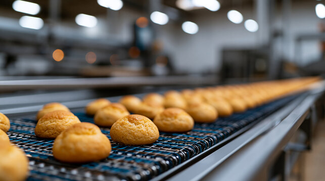 Industrial bakery production line with commercial baking equipment, food manufacturing automation and kitchen bakery supply concept, with copy space