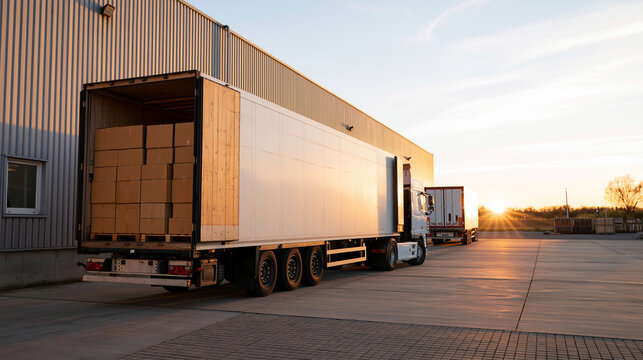 Semi-truck trailer being loaded with cardboard boxes at a warehouse loading dock during sunset, logistics and freight concept, with copy space