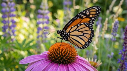 Obraz premium Monarch butterfly resting on a purple coneflower in a vibrant garden with blurred purple and green foliage in the background