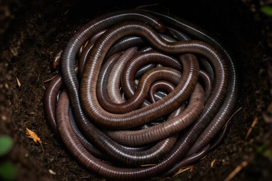 Group of slow worms tangled in dirt. Reptiles coiled together in dark soil. Legless lizards appear trapped in ground hole, danger in nature.