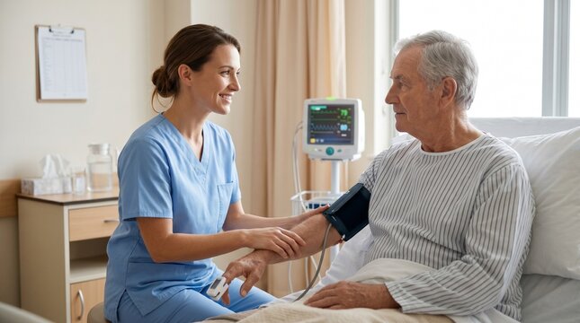 Caring nurse checks elderly patient's blood pressure and oxygen levels in hospital room with modern medical equipment