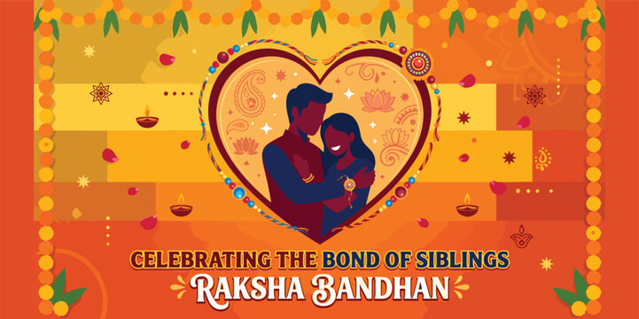 Raksha Bandhan brother sister love banner with glowing heart, marigold garlands and diyas, vibrant Indian festival illustration celebrating the sacred bond of protective siblings