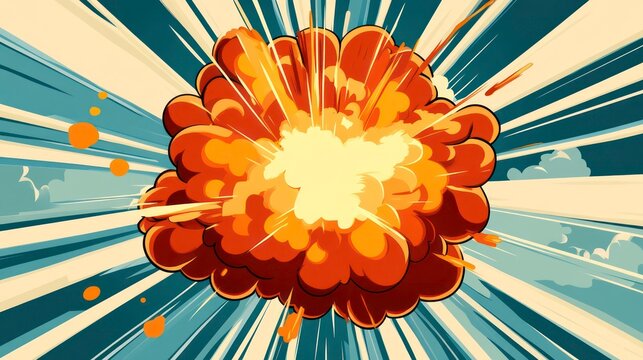 A large, fiery explosion with bright yellow light and red and orange smoke against a blue and white background.