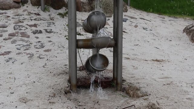 Father with two little kids playing with water pump and Archimedes screw at outdoor playground