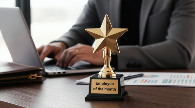 Man in suit works on laptop computer. Golden star trophy reads Employee of the month. Award for outstanding performance and sales targets achievement in office.