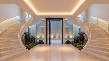 Fototapeta premium Grand double staircase, Luxury hotel lobby, Curved modern stairs, Elegant entrance hall, Glass elevator doors, Symmetrical interior