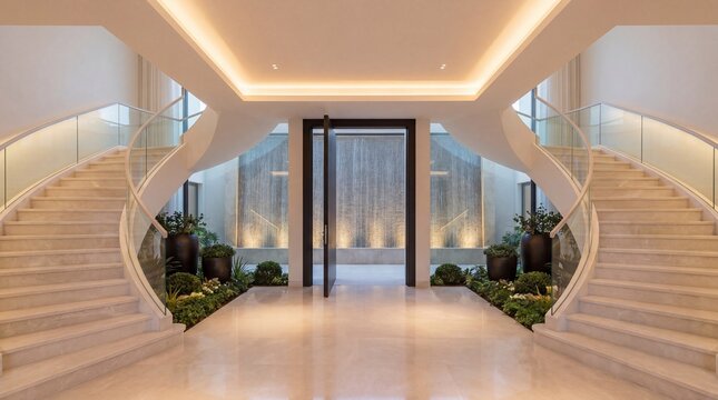 Grand double staircase, Luxury hotel lobby, Curved modern stairs, Elegant entrance hall, Glass elevator doors, Symmetrical interior