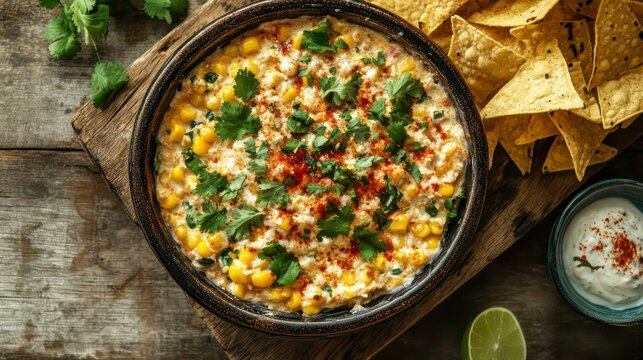 Creamy corn dip with cilantro and tortilla chips on a wooden board.