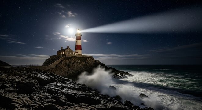 A red and white striped lighthouse next to a small house on top of a rocky cliff at night. A powerful light beam cuts through the darkness, with large ocean waves splashing against the rocks under a b