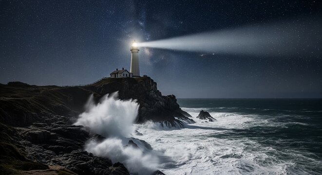 A dramatic night view of a white lighthouse standing on a rocky cliff, shining a bright beam of light across the dark ocean while large white waves crash violently against the shore under a starry sky