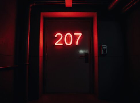 Dark industrial hallway features metal door with neon red 207 sign. Electronic lock pad beside door suggests secure access to restricted area.