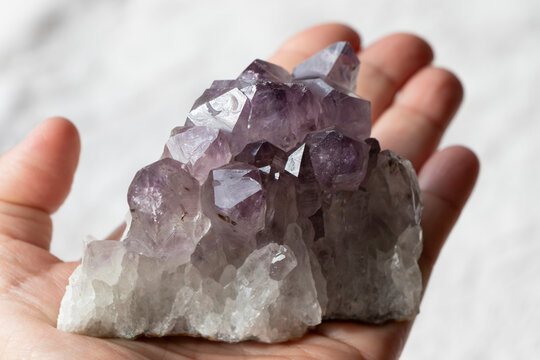 drusa de amatista sobre una mano, gemoterapia energ&iacute;a de las piedras