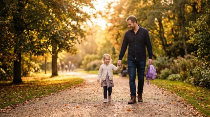 Obraz premium Father and daughter walking hand in hand on a path in a park during autumn with golden sunlight filtering through the trees