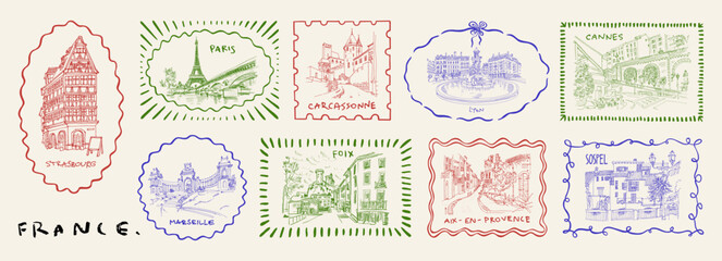 France travel stamp collection. Paris, Strasbourg, Lyon, Nizza, Marseille, Cannes, Carcassonne, Aix-en-Provence vintage postal stickers. French city landmarks. Postcard sticker set, Eiffel Tower label
