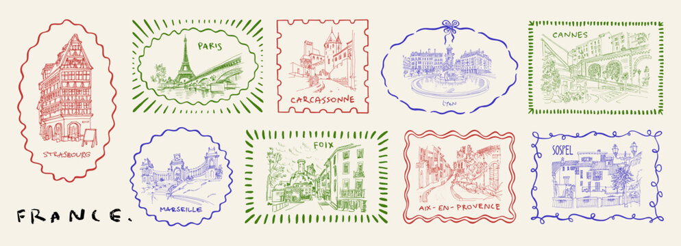 France travel stamp collection. Paris, Strasbourg, Lyon, Nizza, Marseille, Cannes, Carcassonne, Aix-en-Provence vintage postal stickers. French city landmarks. Postcard sticker set, Eiffel Tower label