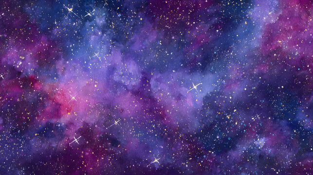深く鮮やかな夜空にきらめく無数の星々と星雲をにじみのある水彩調で描いた幻想的な銀河背景素材